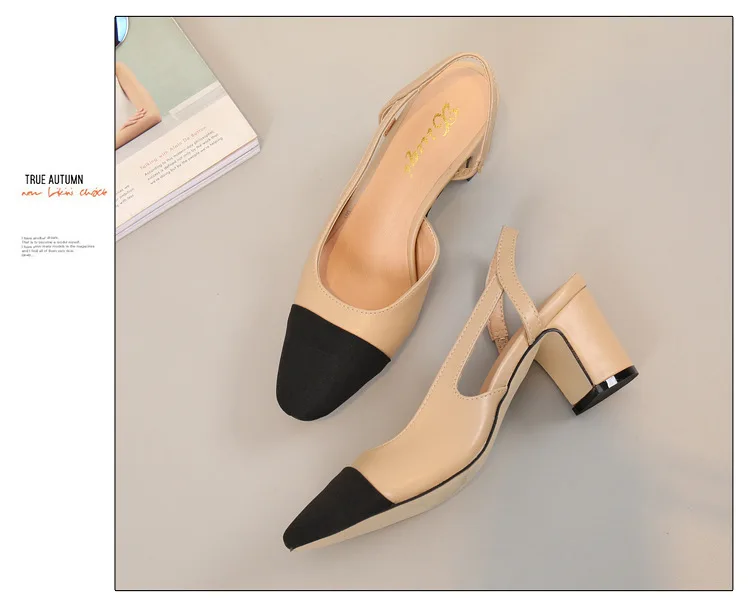 

2021 spring and summer new thick heel apricot leather color matching women's shoes