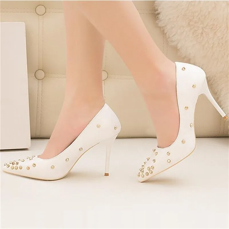 

Женские вечерние туфли-лодочки на высоком каблуке 10 см с заклепками и острым носком; Женская обувь; Роскошная брендовая однотонная женская ...