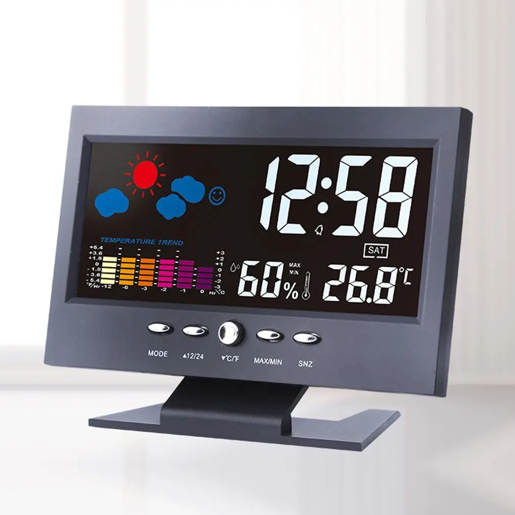 

Цифровая метеостанция, Термометр-Гигрометр с цветным ЖК-дисплеем, будильником, датчиком температуры и календарем, с голосовой активацией