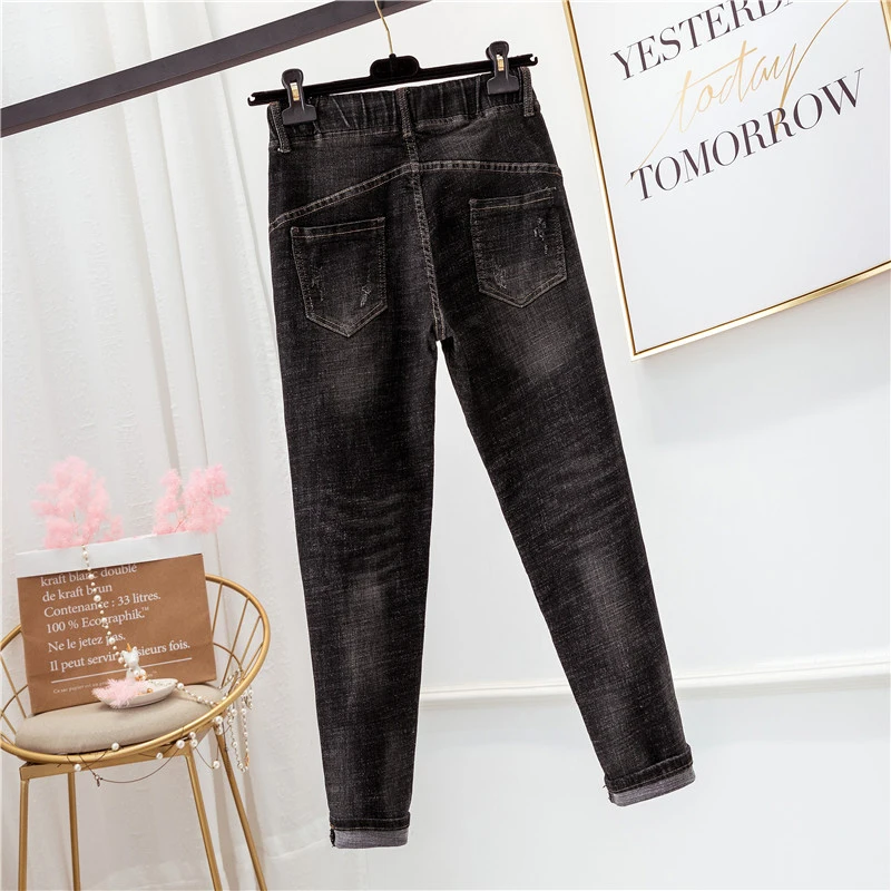 Женские джинсы с завышенной талией черные свободные эластичные брюки со