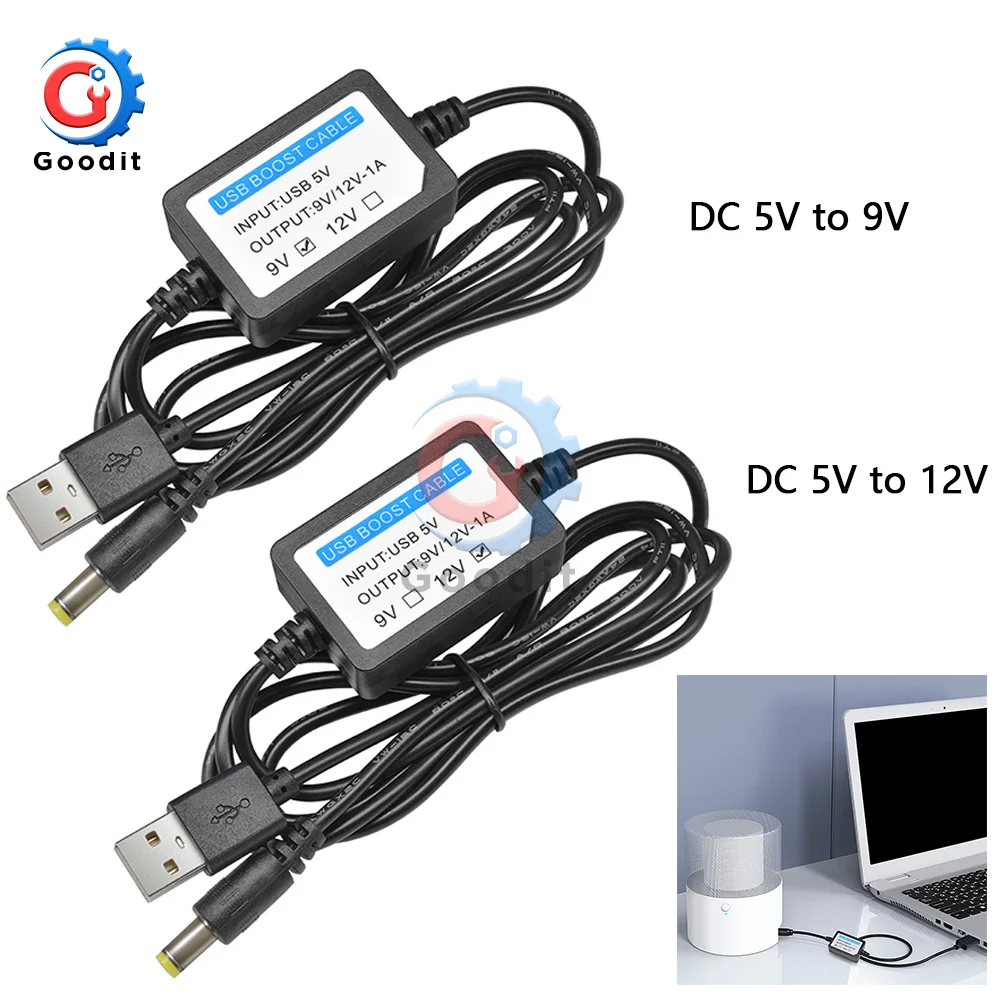 

DC-DC 5V to 9V 12V 1A Step Up USB Boost Cable Line Booster Power Converter Adapter USB Cord Plug 5.5x2.1mm for Power Connector