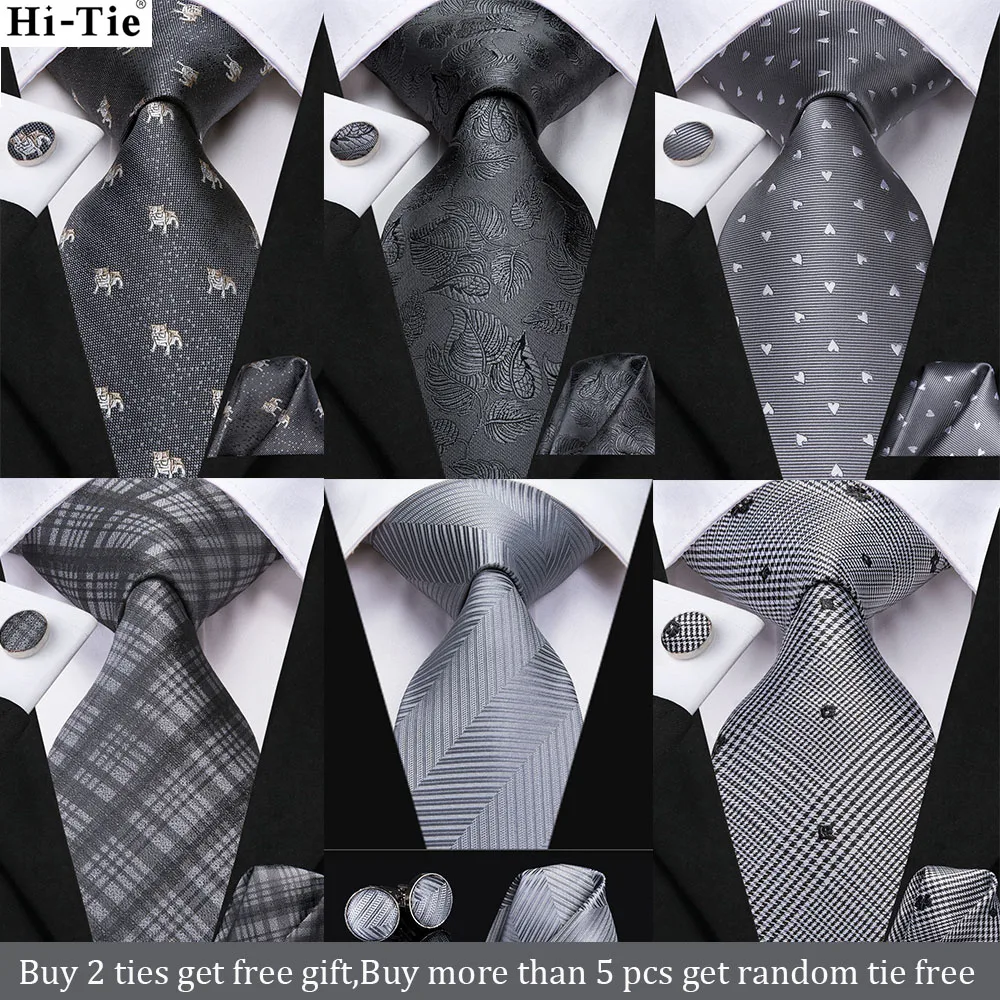 

Hi-Tie Fashion Designer Grey Solid Paisley Silk Wedding Tie Gift Tie For Men Shirt Handkerchief Cufflinks Set Business Neck Tie