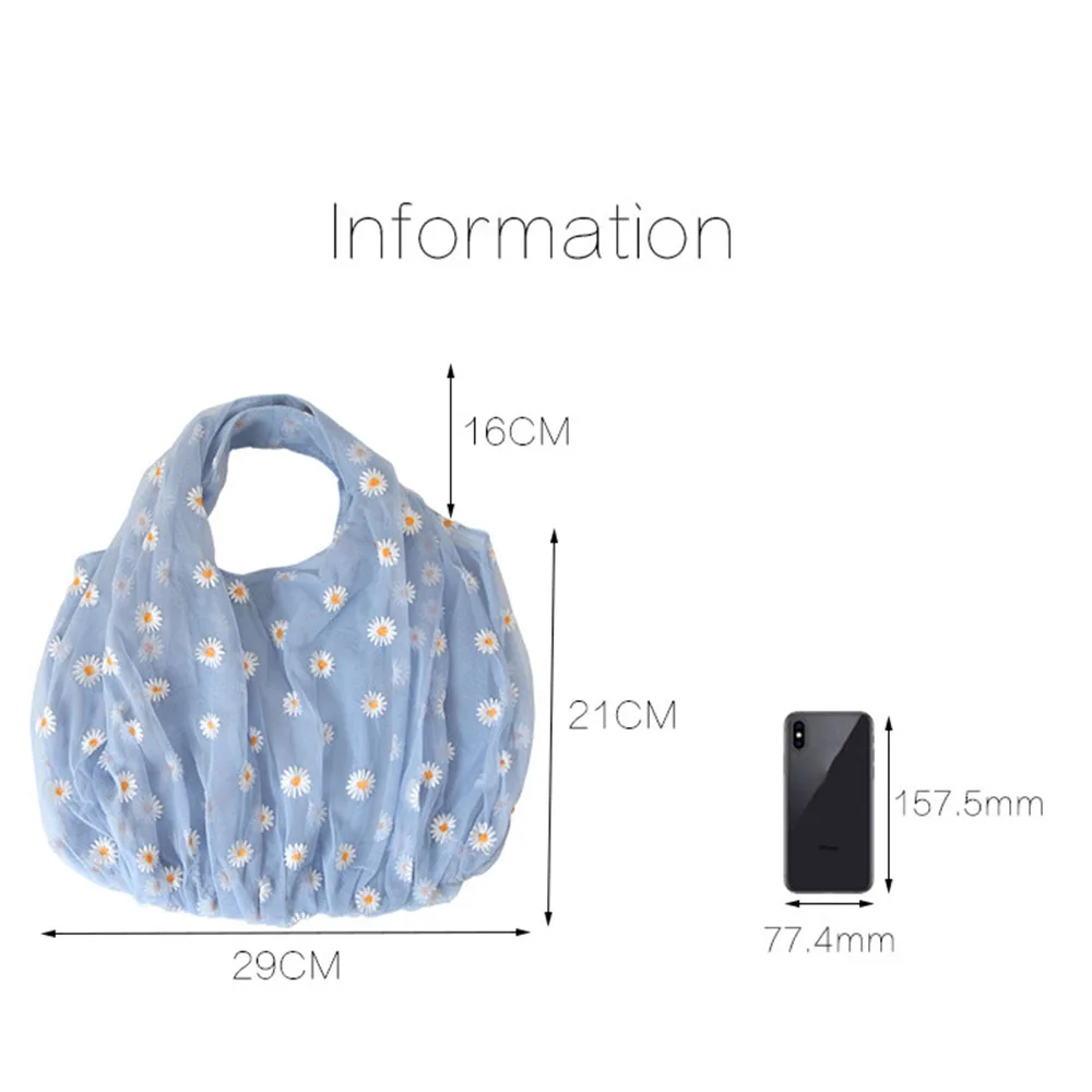 

2020 Women Small Transparent Tote Mesh Cloth Bag Daisy Embroidery Handbag Eco Flower Art Lace Bag Purse For Girls