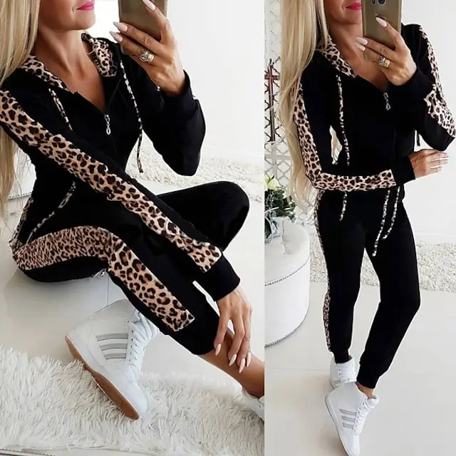 

Fashion 2Pcs Women Leopard Long Seleeve Hoodies Sport Tops Pants Tracksuit Lady Sweatshirt Sweat Casual White Black Suit Jogging