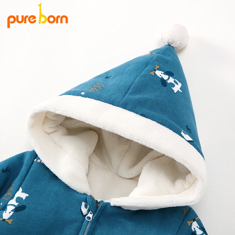Pureborn/Детский комбинезон унисекс из плотного флиса с капюшоном для новорожденных; зимний комбинезон на молнии; Одежда для маленьких мальчиков и девочек