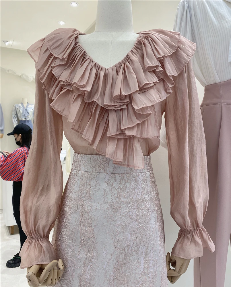 

Spring and Autumn New Fashion Pink Long Sleeve Blouse for Women V-neck Flare Sleeve Top Female Fairy Shirts