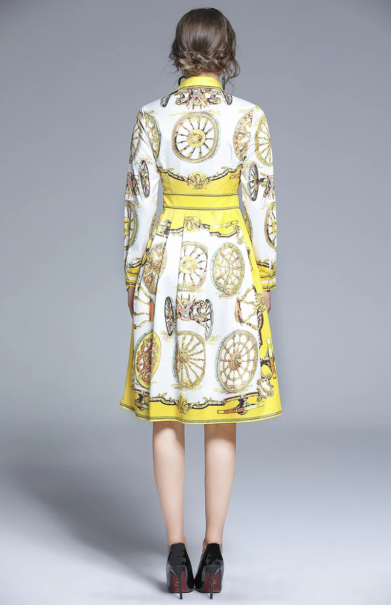 

High Quality Women Print Turn down Collar Shirt Sleeve Knee Length Dress 2020 New Arrival Ladies Runway Dresses Vestidos Mujer