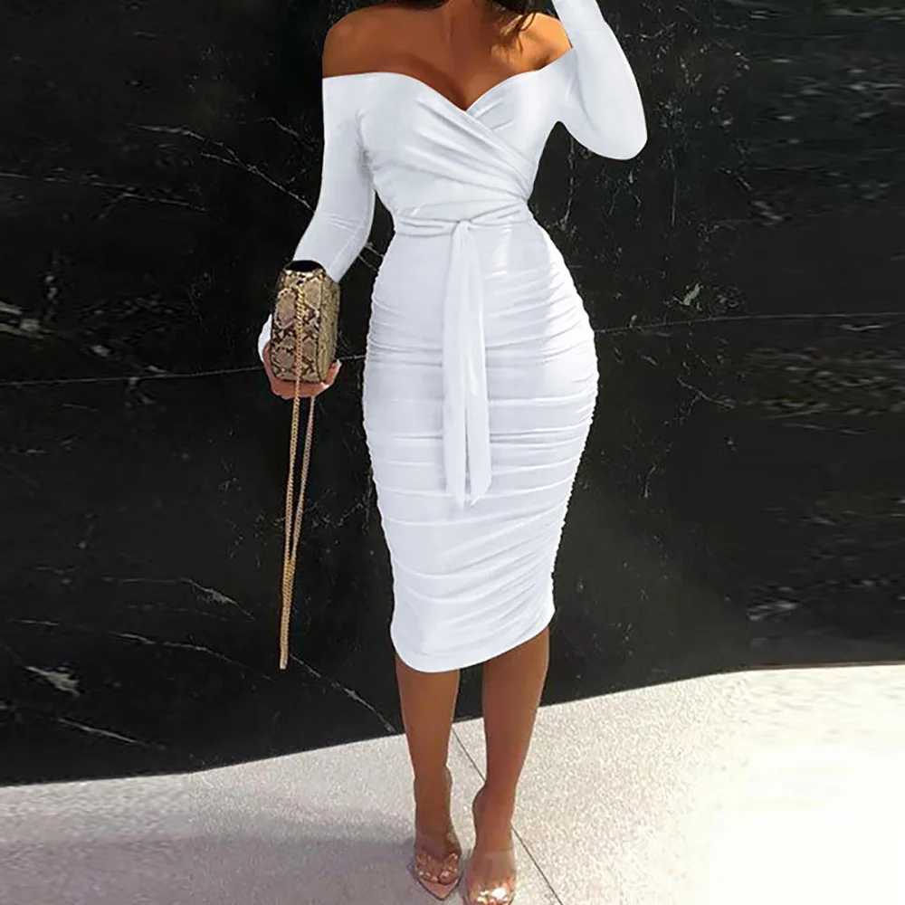 

Women's solid-color breast-wrapped pleated sexy western mid-length dress