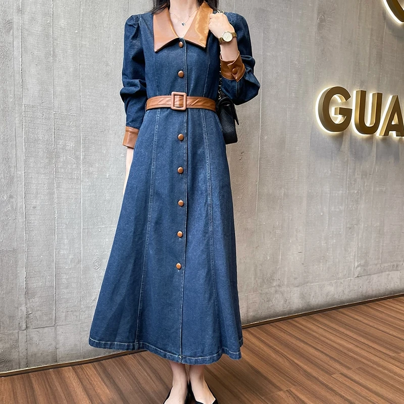 

Chic Korean Long Denim Dress Women Long Sleeve Elegant PU Leather Patchwork Dress With Belt Spring Autumn Plus Size Party Dress