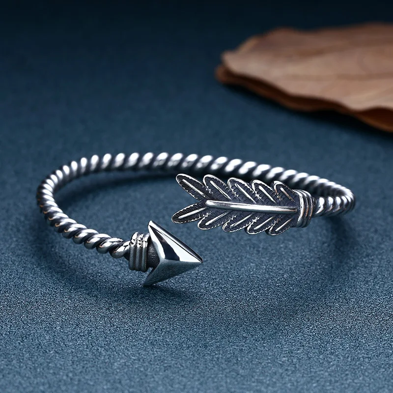 

S925 Sterling Silver Bangle Bracelets Famous Brand Simple Luxury Jewelry Single Personalized Arrow Feather Opening Circlet