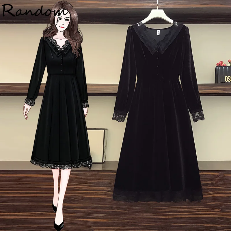 Зимнее винтажное кружевное лоскутное бархатное черное вечерние платья размера