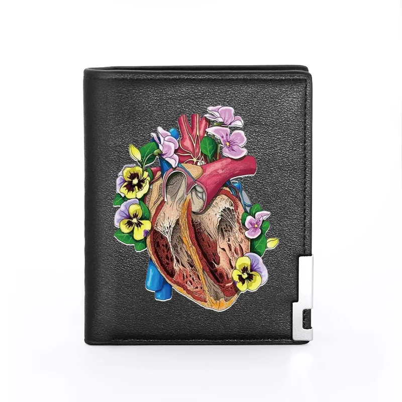 

Steampunk Heart Flower Printing Black Leather wallet Men Bifold Credit Card Holder Short Purse Male