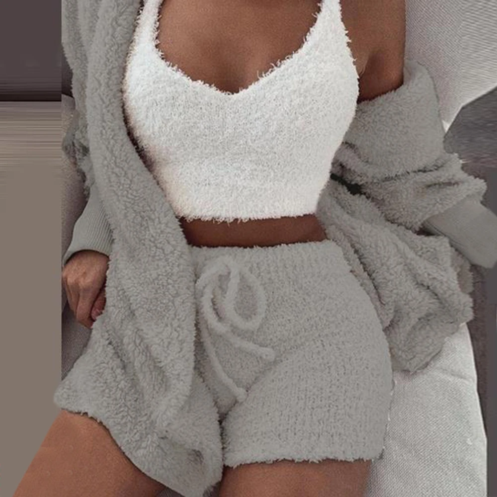 Long Plush 3-piece 2 Piece Sleeve Jacket Women Crop Top Shorts Set Suit 2019 New Female Leisure Sports Sets | Женская одежда