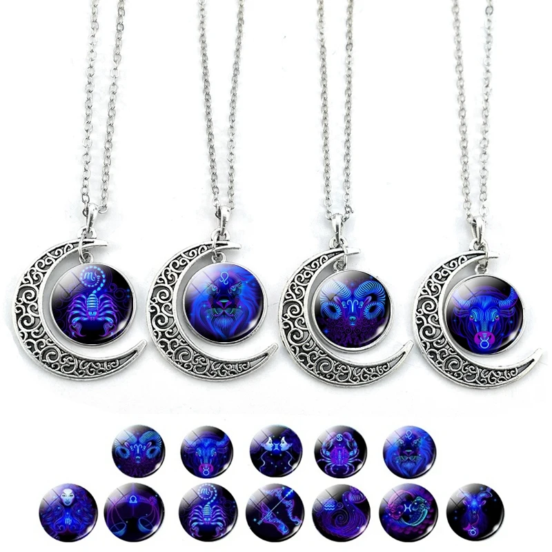 12 созвездий ожерелье полумесяц стеклянный кабошон свитер цепь кулон Знаки