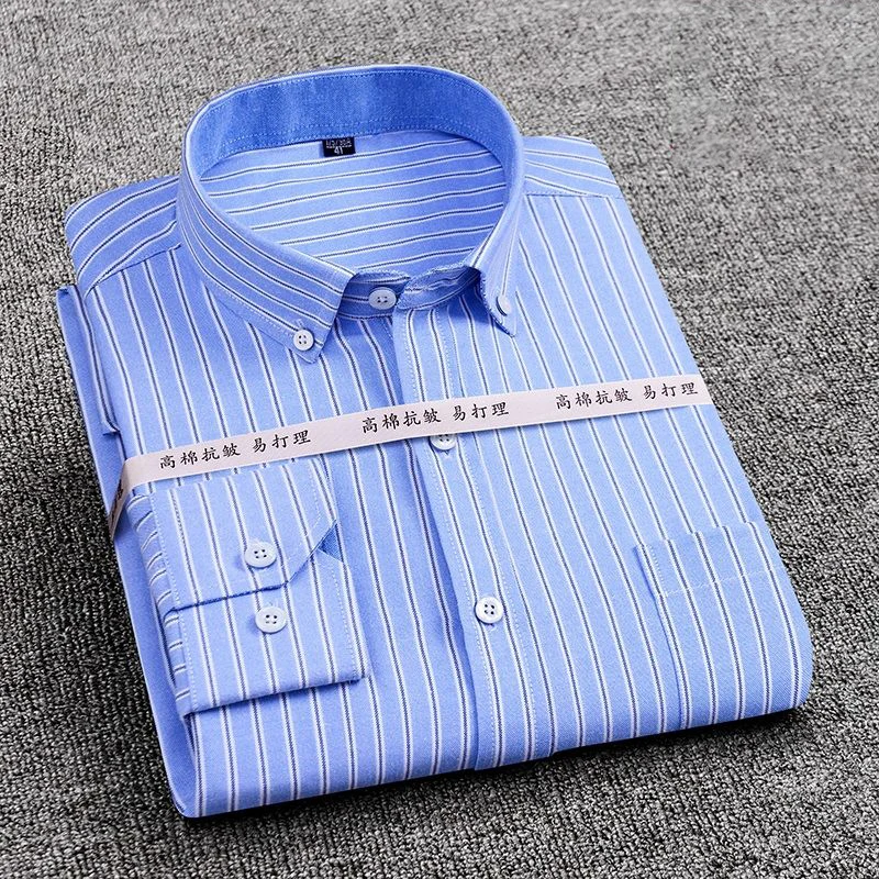 Mens Striped Plaid Oxford Long Sleeve Shirt Spinning Casual Comfortable Breathable Collar Button Design Slim Male Business Dress | Мужская
