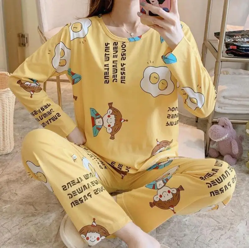 

[Puls Size M-5XL] Ladies Fashion Pajamas Set Round Neck Long Sleeve tops+pants Cartoon Print Pajamas 2PCS/Set