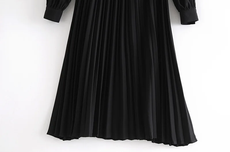 

black pleated long dress women long sleeve turn down collar dress elegant work office lady dress vestidos mujer