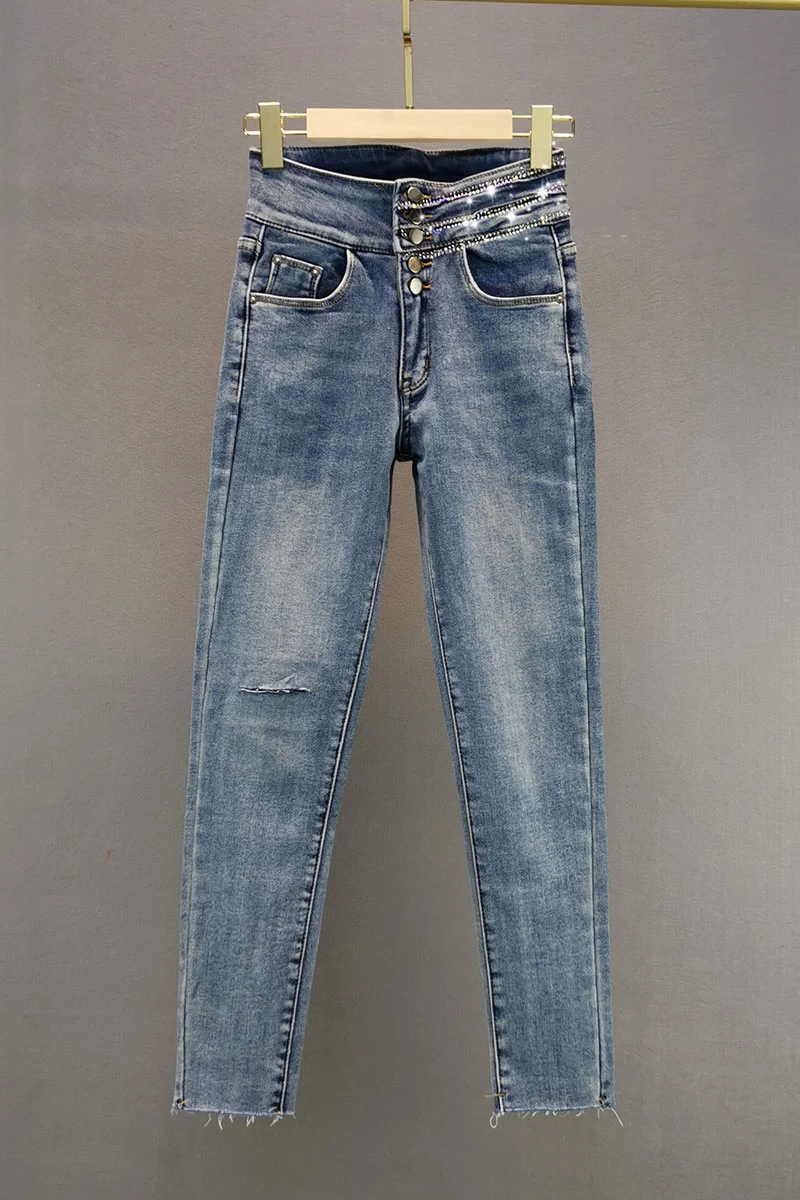 

High Waist Rhinestone Jeans Women's Thin Velvet Pants 2021 Spring Autumn New Slim Ripped Jean Girls Cotton Stretch Skinny Pants