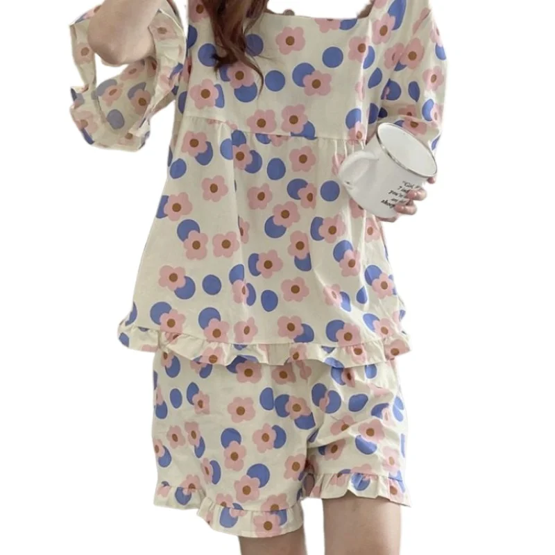 

Summer New Sweet Flower Printed Housewear Short Sleeve Shorts Baby Shirt Girl's Pure Cotton Pajamas Suit Loungewear Bedroom Set