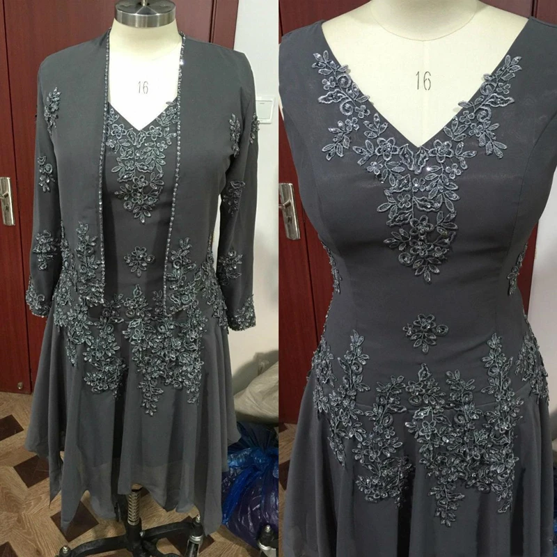 

Dark Gray Lace Chiffon Mother of the Bride Dress with Jacket Long Sleeve Beaded Appliques Short Evening Prom Wedding Party Gowns