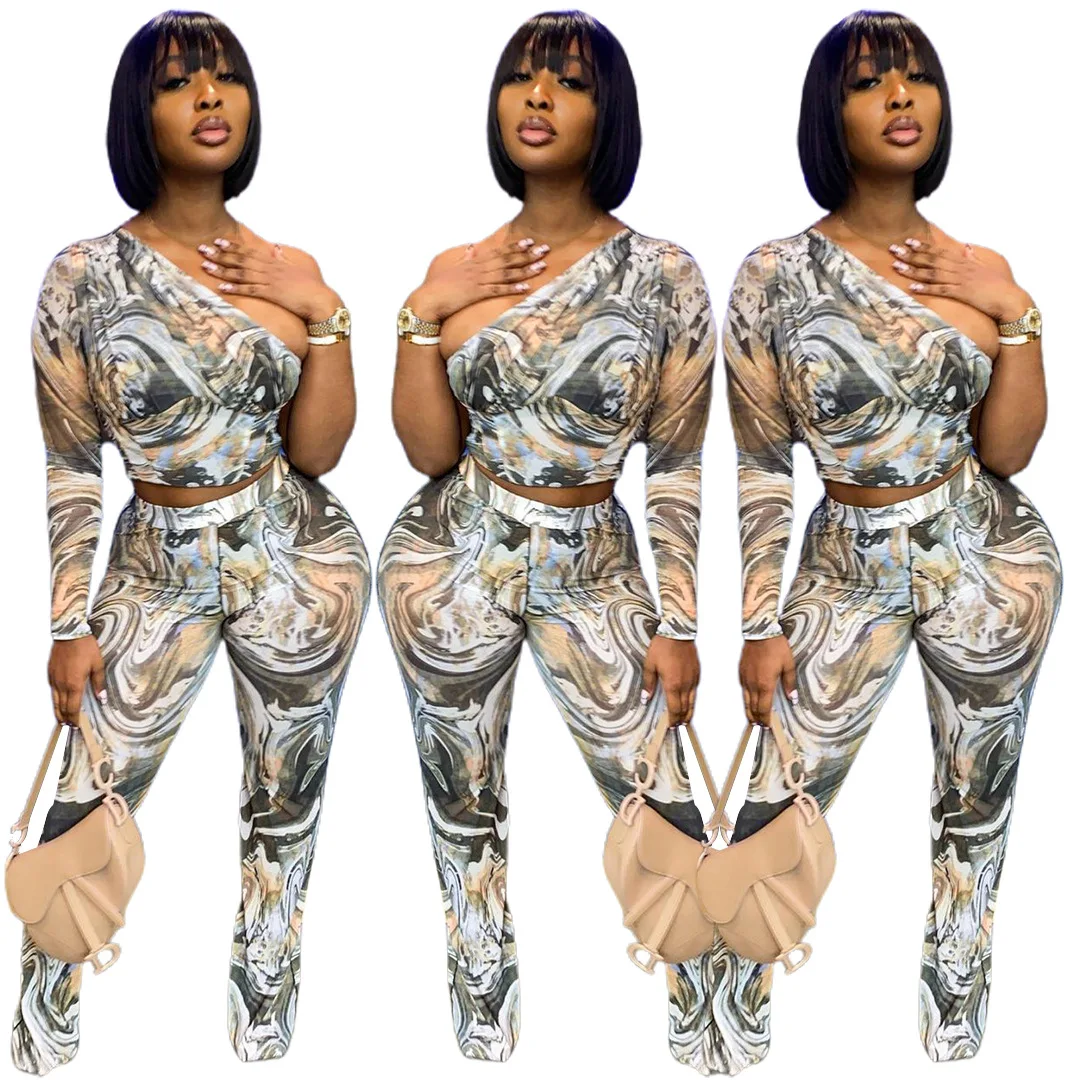 

Осень 2021, новый женский комплект из двух предметов с принтом, модный тонкий укороченный топ на одно плечо с длинным рукавом Вечерние вечерний клубный наряд, облегающие костюмы