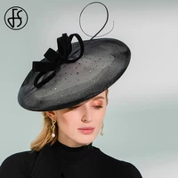 fs 2021 black hats women feather bow fascinator for wedding churhc party kentucky derby hat formal hats bridal fedora with veil