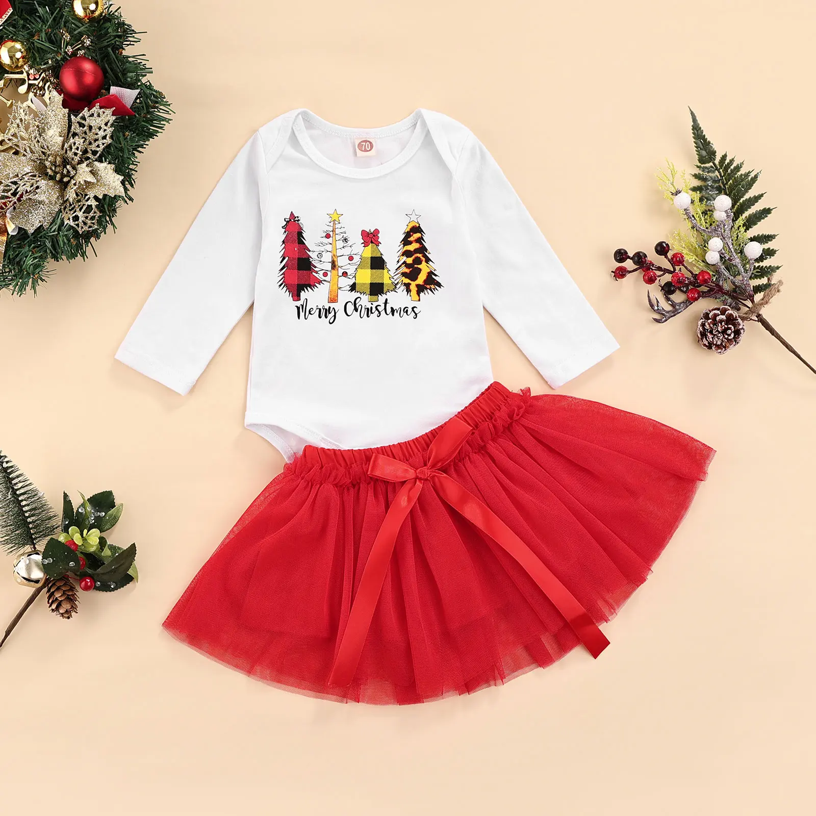 

0-24 Months Christmas Girl Baby Girls Two-piece Clothes Set, White Letters Printed Pattern Romper and Red Yarn Skirt