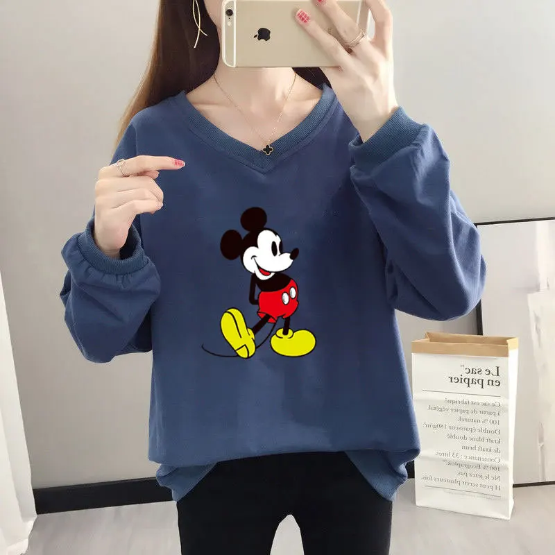 

Disney Spring Autumn Cartoon Mickey V-neck Cute Print Oversized Hoodies Women Fashion All-match Loose Sweatshirt Female Tops