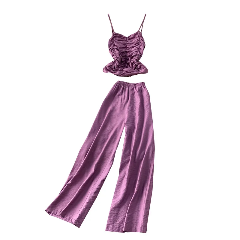 

Summer New Fashion Temperament Short Sling Top Two-piece Suit High Waist Wild Loose Straight Slim Casual Pants GK413