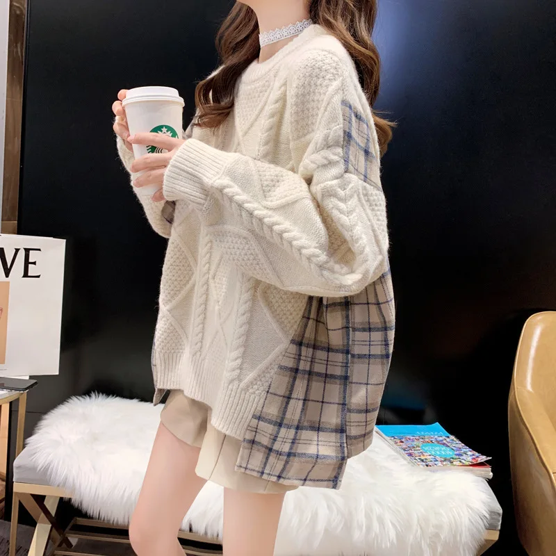 

Autumn Winter Knitted Sweater Women Casual Patchwork Plaid Pullovers Sweaters Loose Warm Jumper Streetwear Knitwear X203