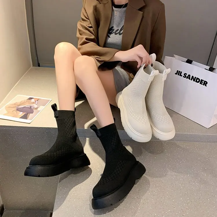 

Осенне-зимние новые женские Ботинки, Ботильоны, Повседневные Дышащие вязаные женские ботинки-носки на платформе, модные короткие ботинки д...