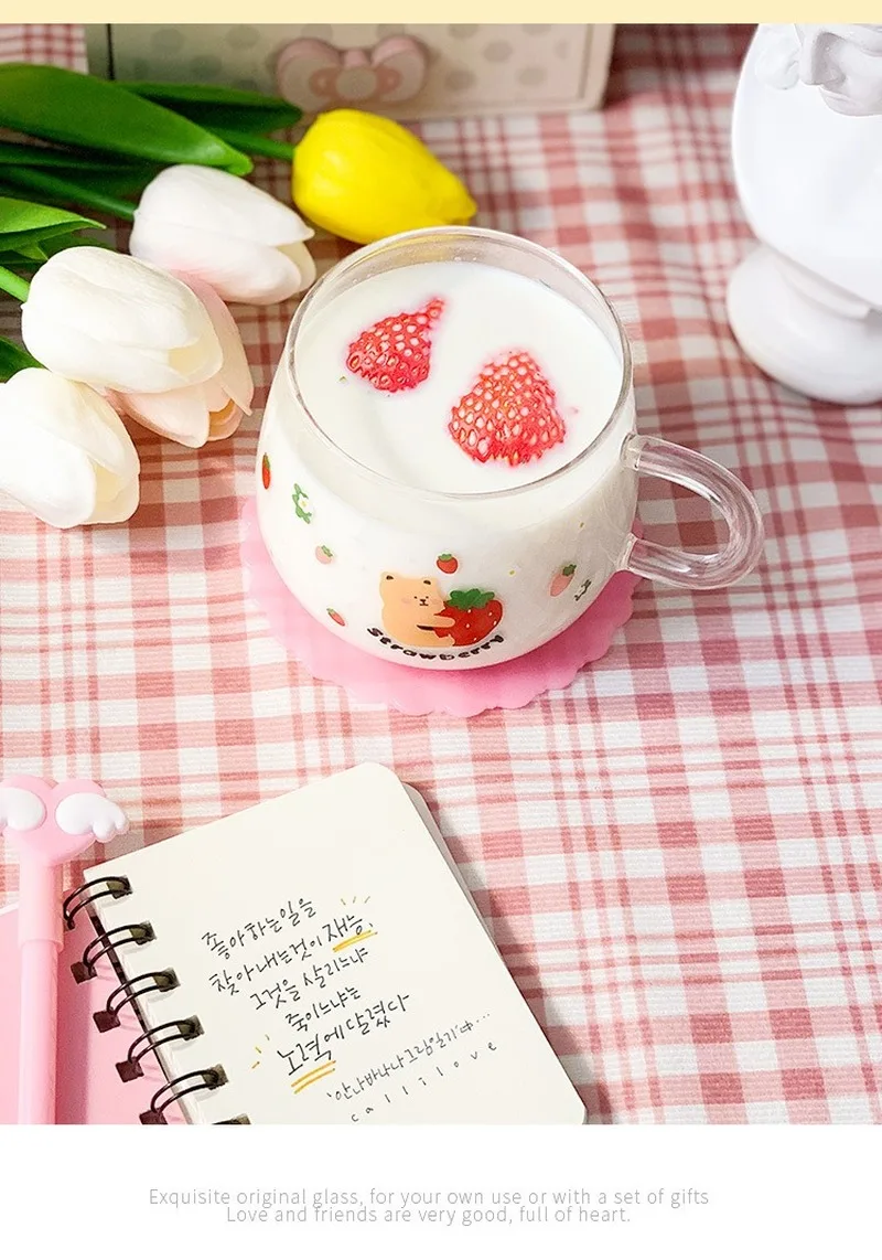 

Milk Coffee Cup Juice Drinking Glass Cartoon Strawberry Bear Heat-resistant Glass Children Drinking Glass Glass Coffee Cup