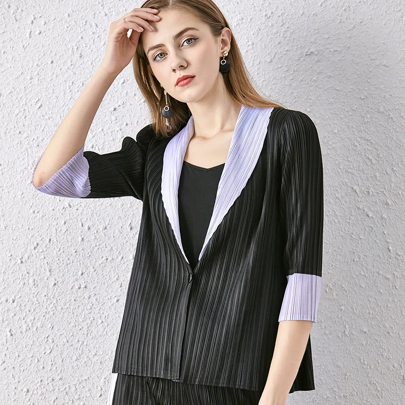 

Plus Size Jacket Women Elastic Miyake Pleated Simple Patchwork Casual Loose Single Button Notched Collar Large Size Coats Female