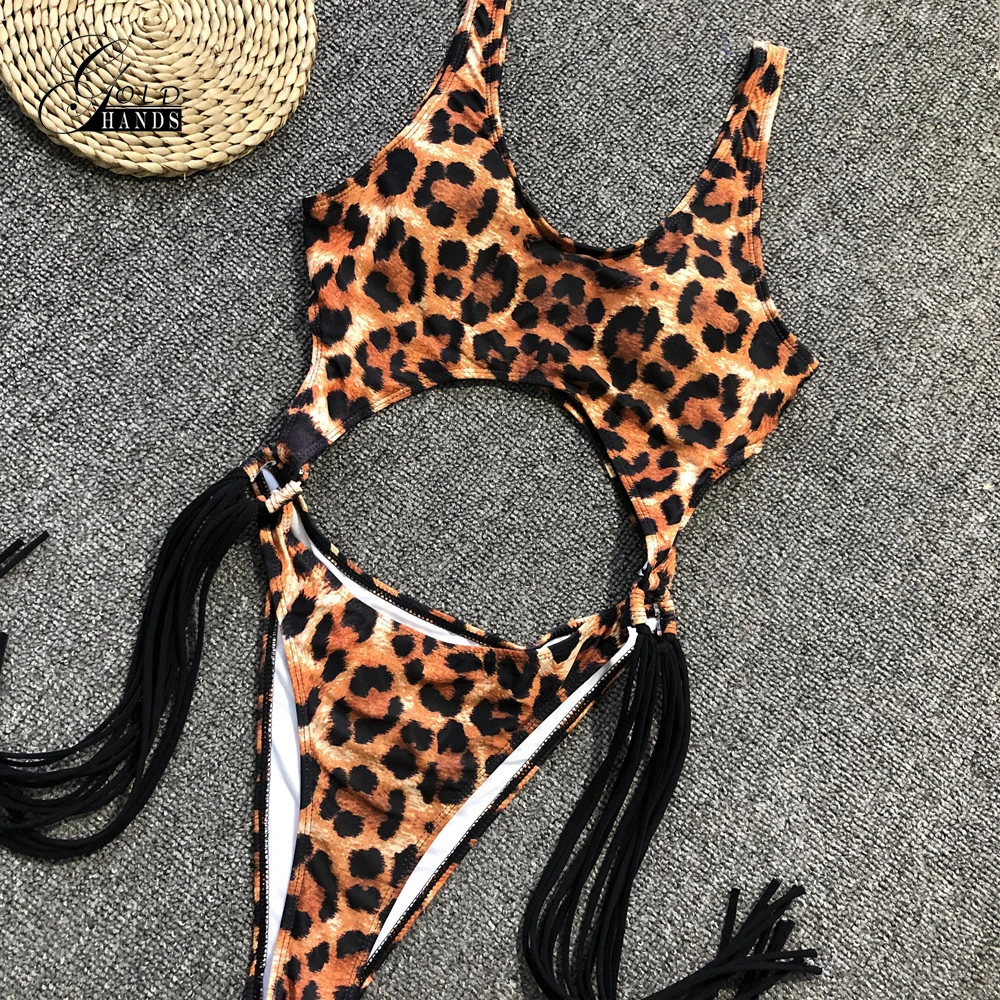 Женский купальный костюм с кисточками FDBRO вырезами и леопардовым принтом новинка