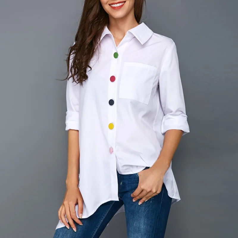 Женская блузка с разноцветными пуговицами асимметричная тонкая Офисная рубашка
