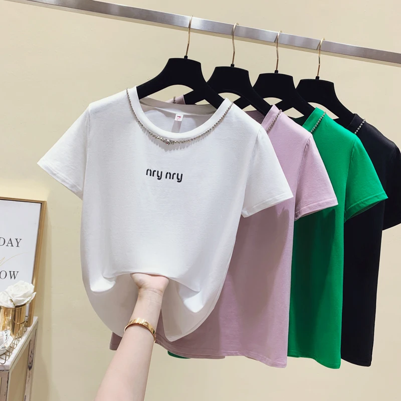 

Женская футболка из чистого хлопка, белая Повседневная футболка с коротким рукавом и стразами, лето 2021