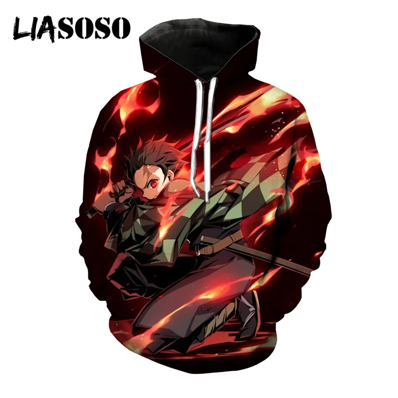 LIASOSO Japanese Anime Demon Slayer Hoodies Fire Couple Hoodie Sword Pullover Sweatshirts Women Men Streetwear 3D Print Harajuku
