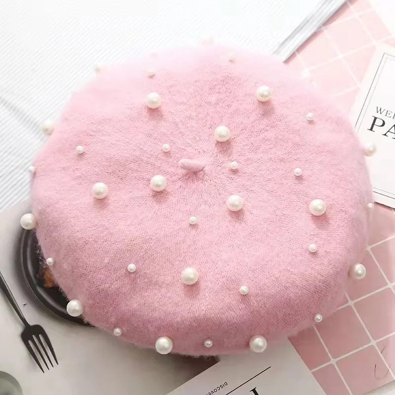 

2021 Fashion New Princess Children Hat Autumn And Winter Warm Painter Hat Cashmere Beret Cute Pearl Beanie Toddler Girl Hat