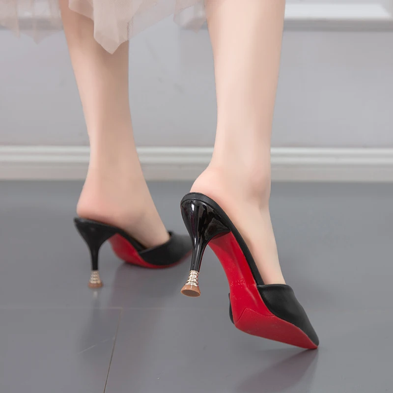 

Shoes Woman 2021 Cover Toe Slippers Soft Luxury Slides Pantofle Thin Heels Loafers Med Heeled Mules Comfort Pointed Designer New