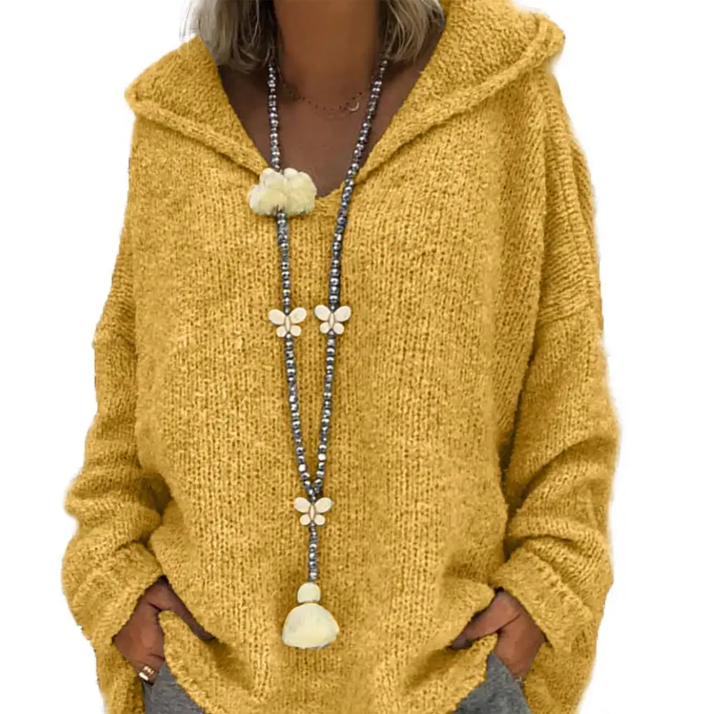 

Casual Women Sweater Autumn Solid Color Loose Hooded Knitted Sweater Pullover Sweatshirt Top Female Jumpers White xxxl