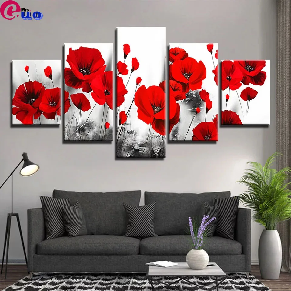 

5 Pieces Red Poppy Flower Picture Rose Multi-Picture Diamond Painting Diamond Embroidery Full Round 3d Cross Stitch Home Decor