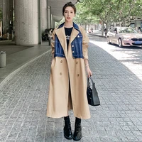 windbreaker spring autumn khaki beige fashion long double breasted trench coat for women with denim patckwork lady duster coat