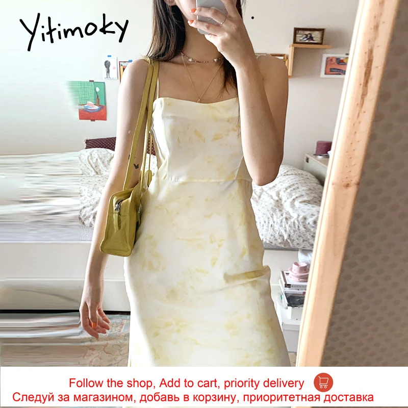 

Yitimoky Vintage Woman Dress Square Collar Backless 2021 Summer Korean New Sleeveless Print Tie Dye Strap Slim Out Wear Dress