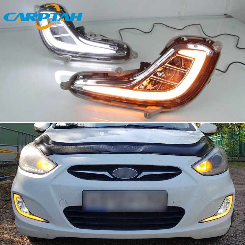 

Светодиодные дневные ходовые огни для Hyundai Accent Solaris 2010-2013, водонепроницаемый желтый указатель поворота, светильник туманная лампа, светодиодные дневные ходовые огни