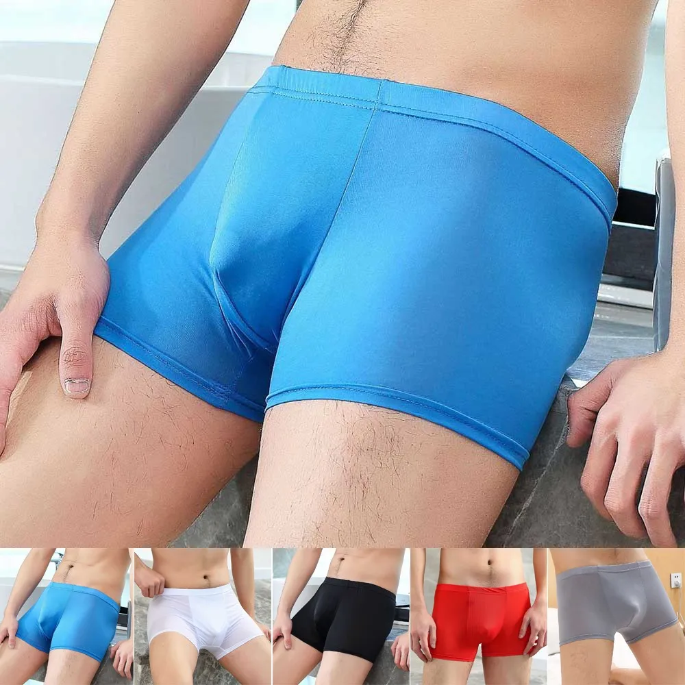 

Men Sexy Ice Silk Seamless Boxer Briefs Pouch Underwear Shorts Trunks Underpants Sexy Transparent High-quality Underwear 2021