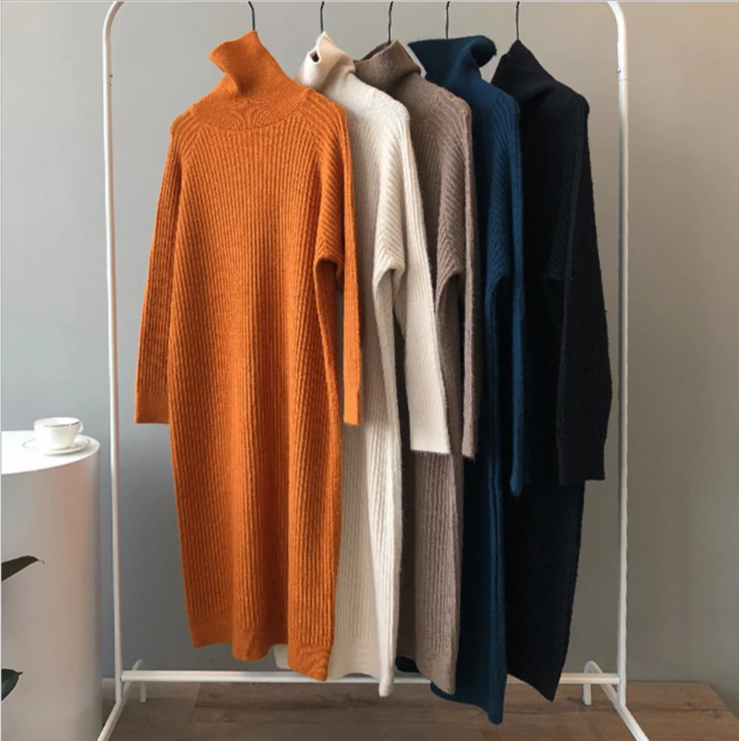 

Women's Knitted Sweater Autumn Winter Elegant High Collar Jumper Pullover Knit Vintage Lazy Sweater Knit Warm Dress Sweaterlong