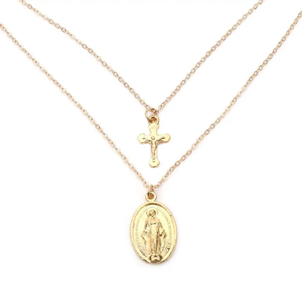 Трендовое золотистое многослойное ожерелье с крестом Иисус Дева Мария цепочка