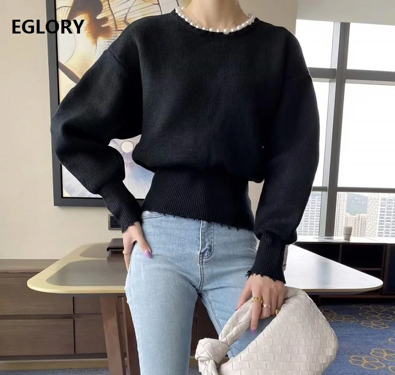 Hollow Out Sweater 2020 Autumn Winter Pullovers Women Hand Made Beading Sexy Backless Long Sleeve Casual Black White Sweaters