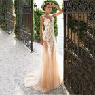Кружевное свадебное платье с аппликацией в стиле бохо 2020, пляжное платье принцессы из тюля цвета шампанского с прозрачной спиной и цветами, свадебные платья