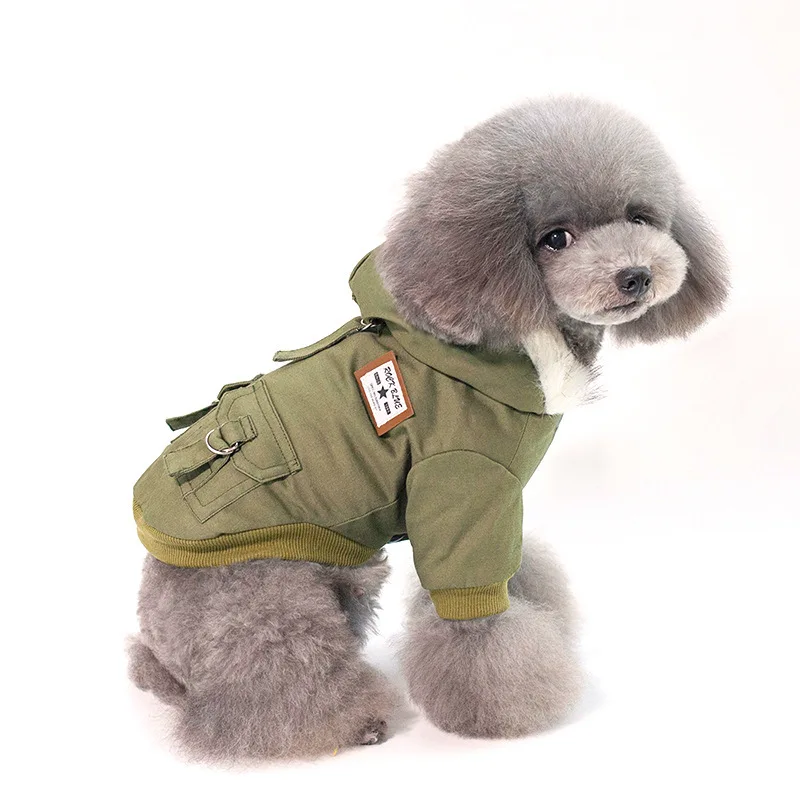 

Pet casual thick cotton clothes, new winter warm hooded military dog clothes, autumn and winter thick cotton clothes